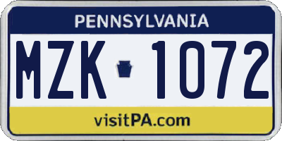 PA license plate MZK1072
