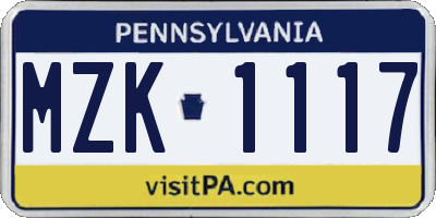 PA license plate MZK1117