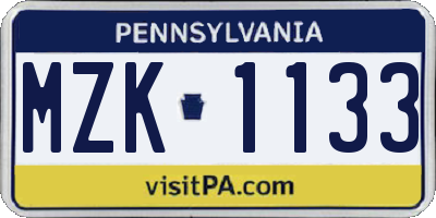 PA license plate MZK1133