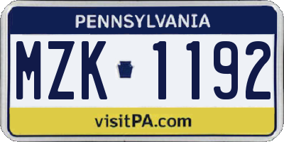 PA license plate MZK1192