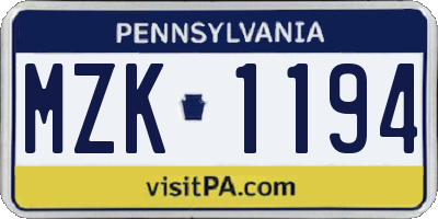 PA license plate MZK1194