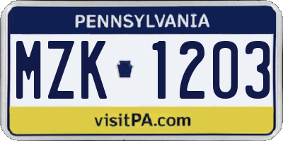 PA license plate MZK1203
