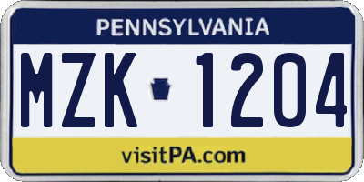 PA license plate MZK1204