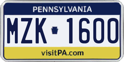 PA license plate MZK1600