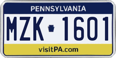 PA license plate MZK1601
