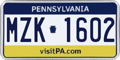 PA license plate MZK1602