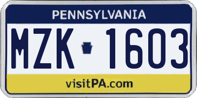 PA license plate MZK1603