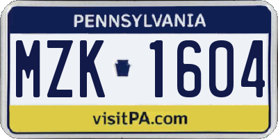 PA license plate MZK1604