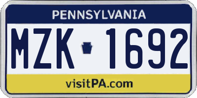 PA license plate MZK1692