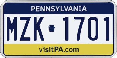 PA license plate MZK1701