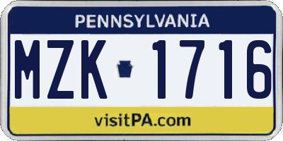 PA license plate MZK1716
