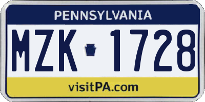 PA license plate MZK1728