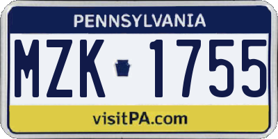 PA license plate MZK1755