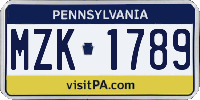 PA license plate MZK1789