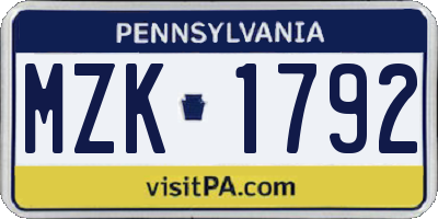 PA license plate MZK1792