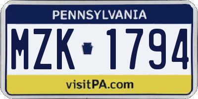 PA license plate MZK1794