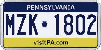 PA license plate MZK1802
