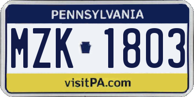 PA license plate MZK1803