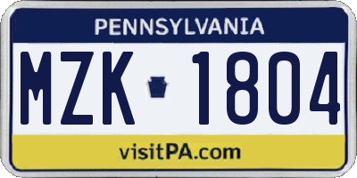 PA license plate MZK1804