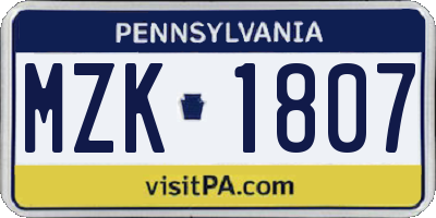 PA license plate MZK1807