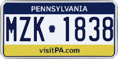 PA license plate MZK1838