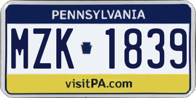 PA license plate MZK1839