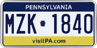 PA license plate MZK1840