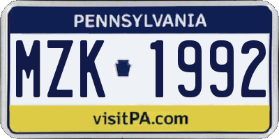 PA license plate MZK1992