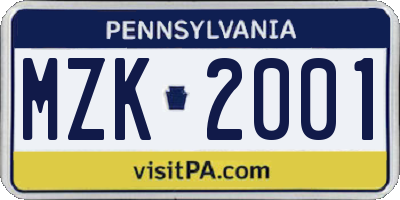 PA license plate MZK2001
