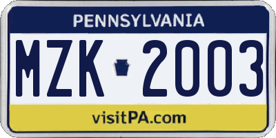 PA license plate MZK2003