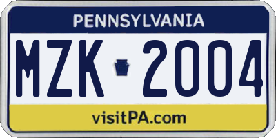 PA license plate MZK2004