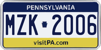 PA license plate MZK2006