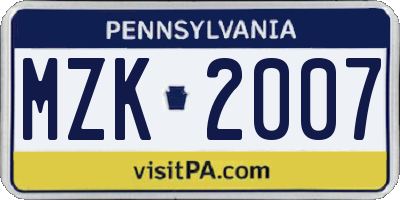 PA license plate MZK2007