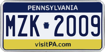 PA license plate MZK2009