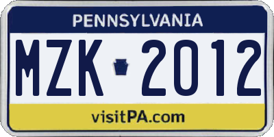 PA license plate MZK2012
