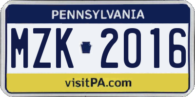PA license plate MZK2016