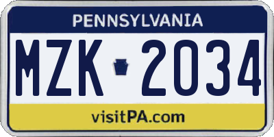 PA license plate MZK2034