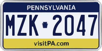 PA license plate MZK2047