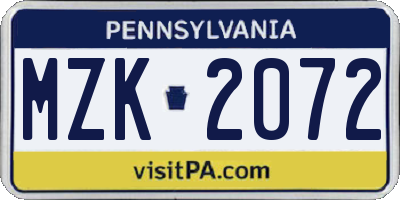 PA license plate MZK2072