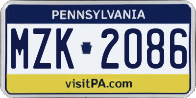 PA license plate MZK2086