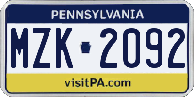 PA license plate MZK2092