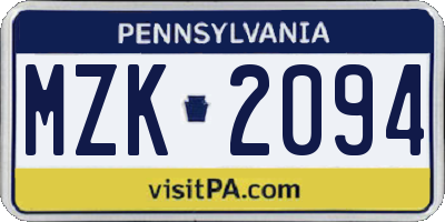 PA license plate MZK2094