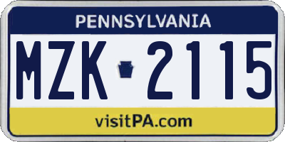 PA license plate MZK2115