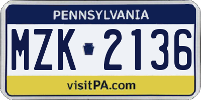 PA license plate MZK2136