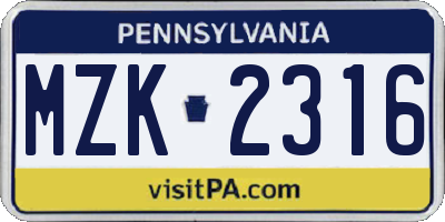 PA license plate MZK2316