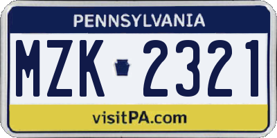 PA license plate MZK2321