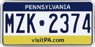 PA license plate MZK2374