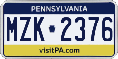 PA license plate MZK2376