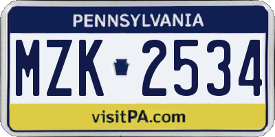 PA license plate MZK2534