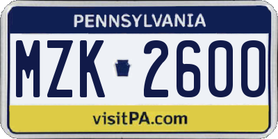 PA license plate MZK2600